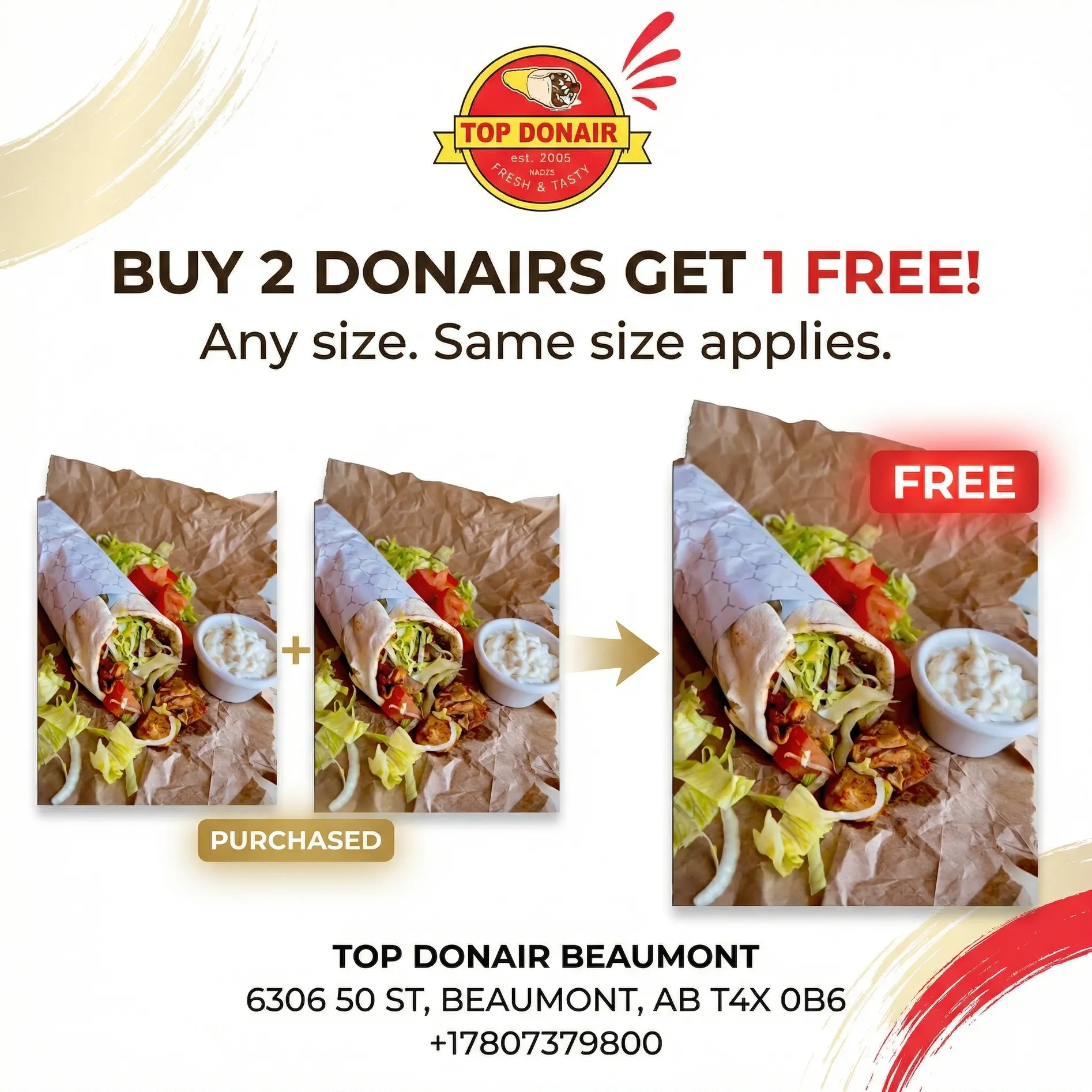 Buy 2 Donairs Get 1 Free - Limited time deal at Top Donair Beaumont