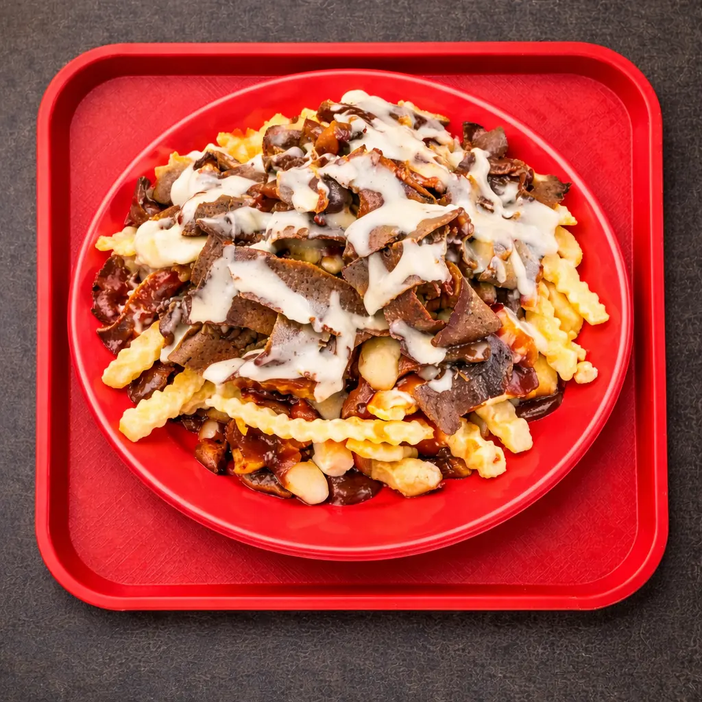 Donair Poutine at Top Donair Beaumont - classic poutine with crispy fries, cheese curds, donair meat, and signature donair sauce